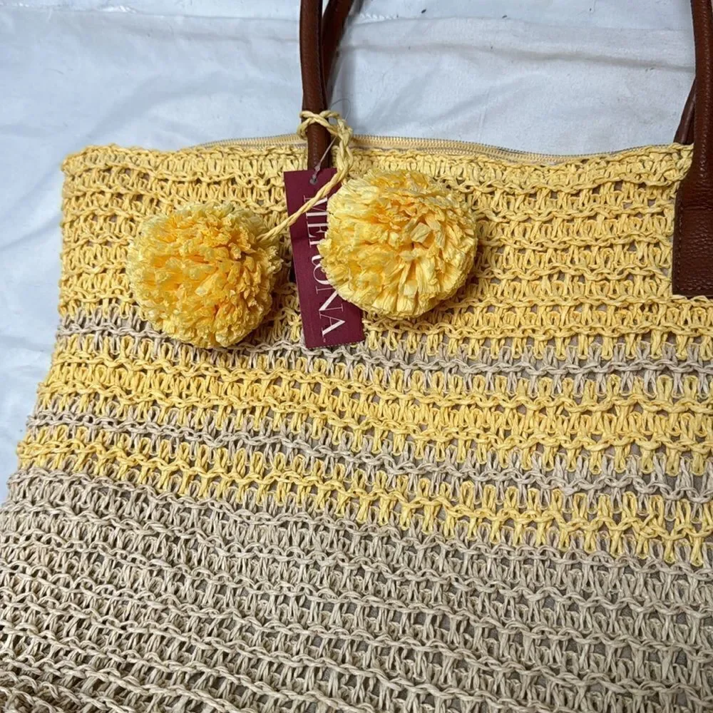 Merona Striped Woven Straw Pom Pom Tote Nag. NWT.